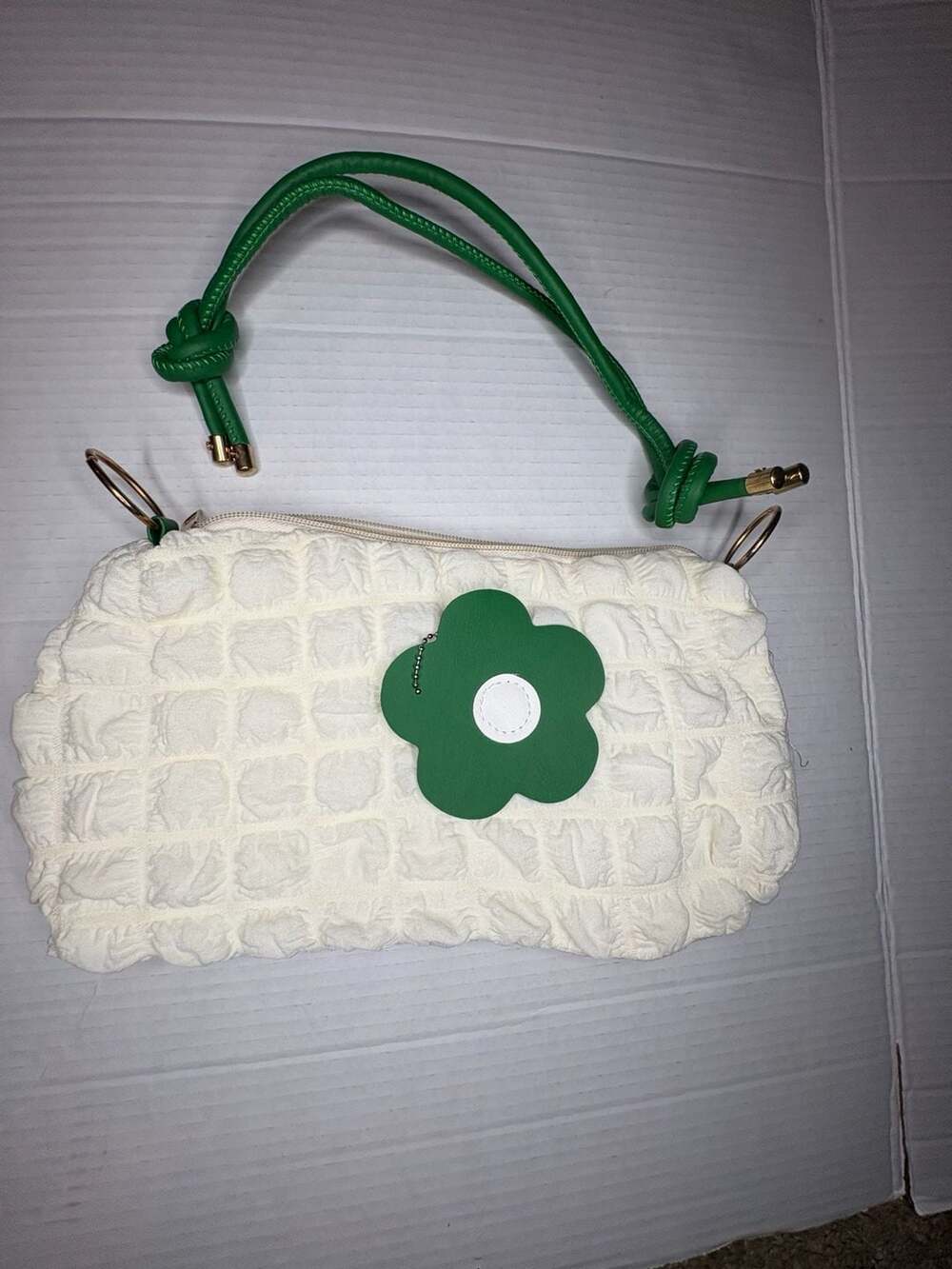 White and Green Quilted Flower Crossbody Bag